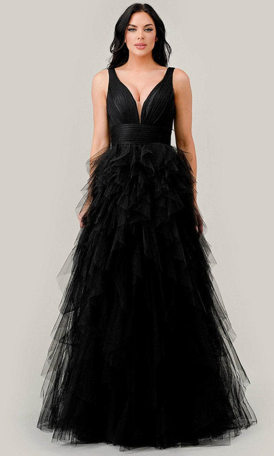 Cinderella Divine CD347 - Plunging V-Neck Ruched Detail Prom Gown Prom Dresses 2 / Black