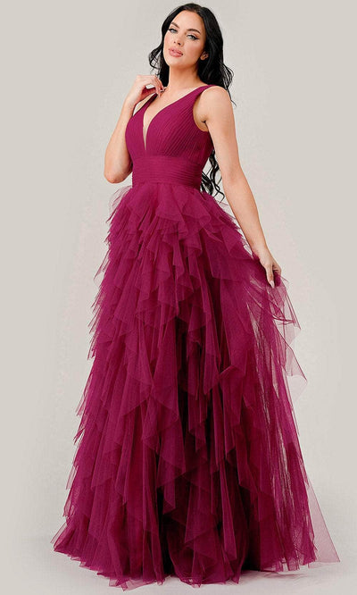 Cinderella Divine CD347 - Plunging V-Neck Ruched Detail Prom Gown Prom Dresses