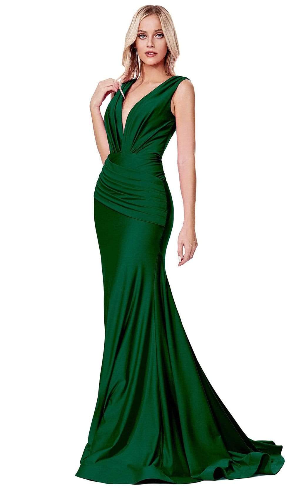 Cinderella Divine - CD912 Sleeveless V Neck Mermaid Long Evening Gown Evening Dresses 2 / Emerald