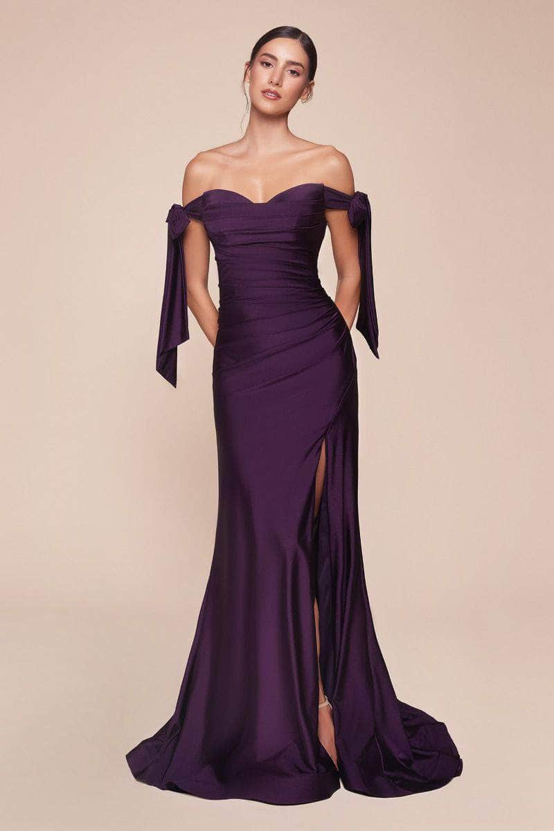 Cinderella Divine - CD943 Off-Shoulder High-Slit Modest Prom Dress Bridesmaid Dresses 4 / Eggplant