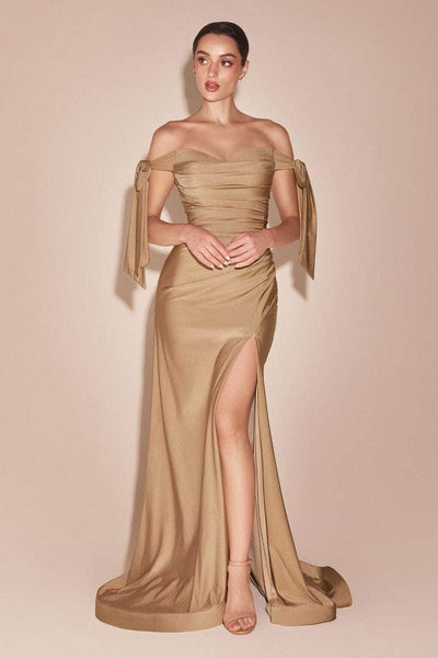 Cinderella Divine - CD943 Off-Shoulder High-Slit Modest Prom Dress Bridesmaid Dresses 4 / Nude Gold