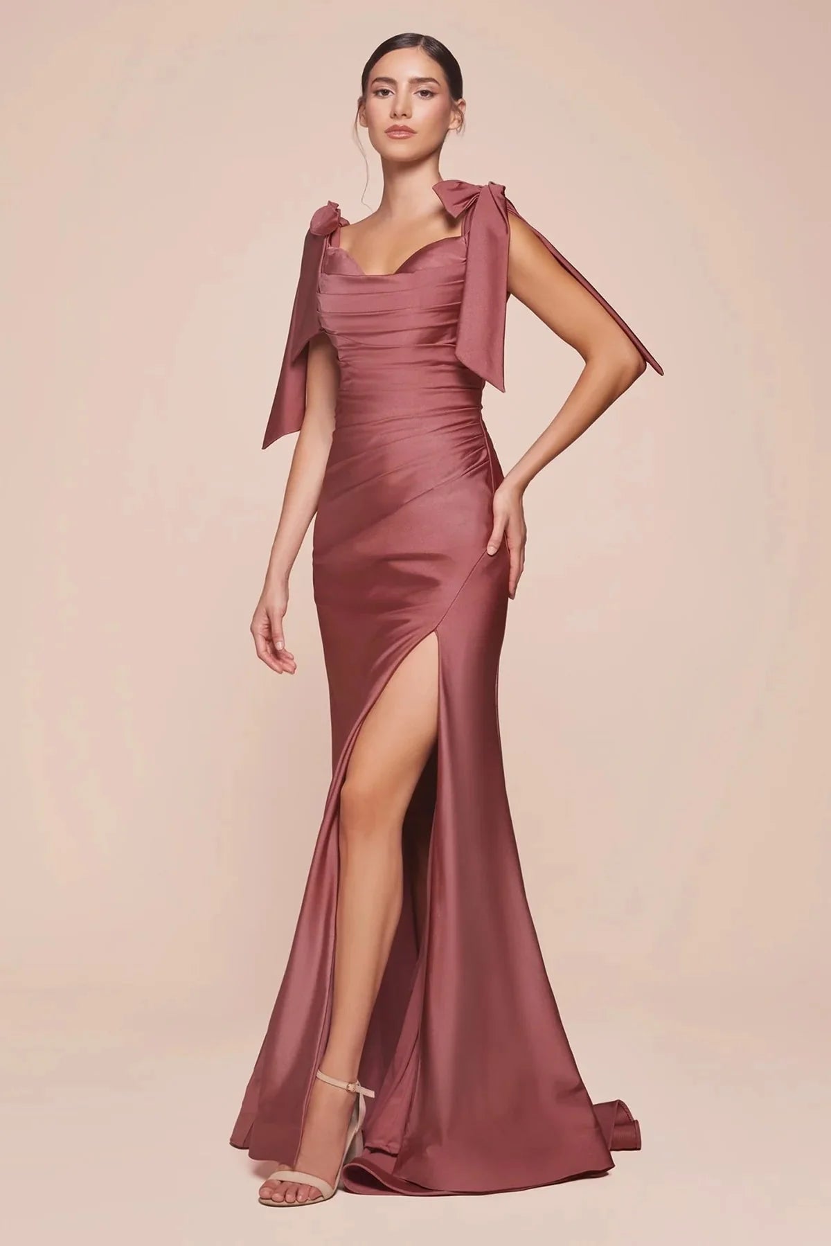 Cinderella Divine - CD943 Off-Shoulder High-Slit Modest Prom Dress Bridesmaid Dresses 4 / Sienna Rose