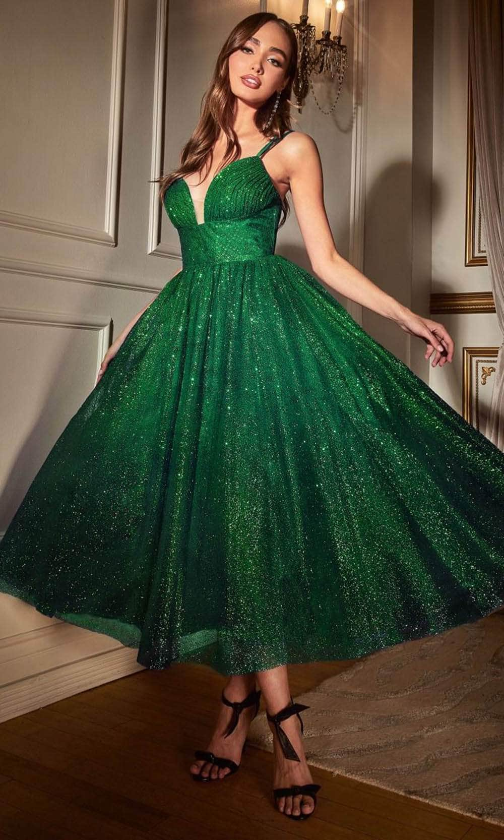 Cinderella Divine CD996T - Sleeveless Glitter Flocked Dress Special Occasion Dress 2 / Emerald