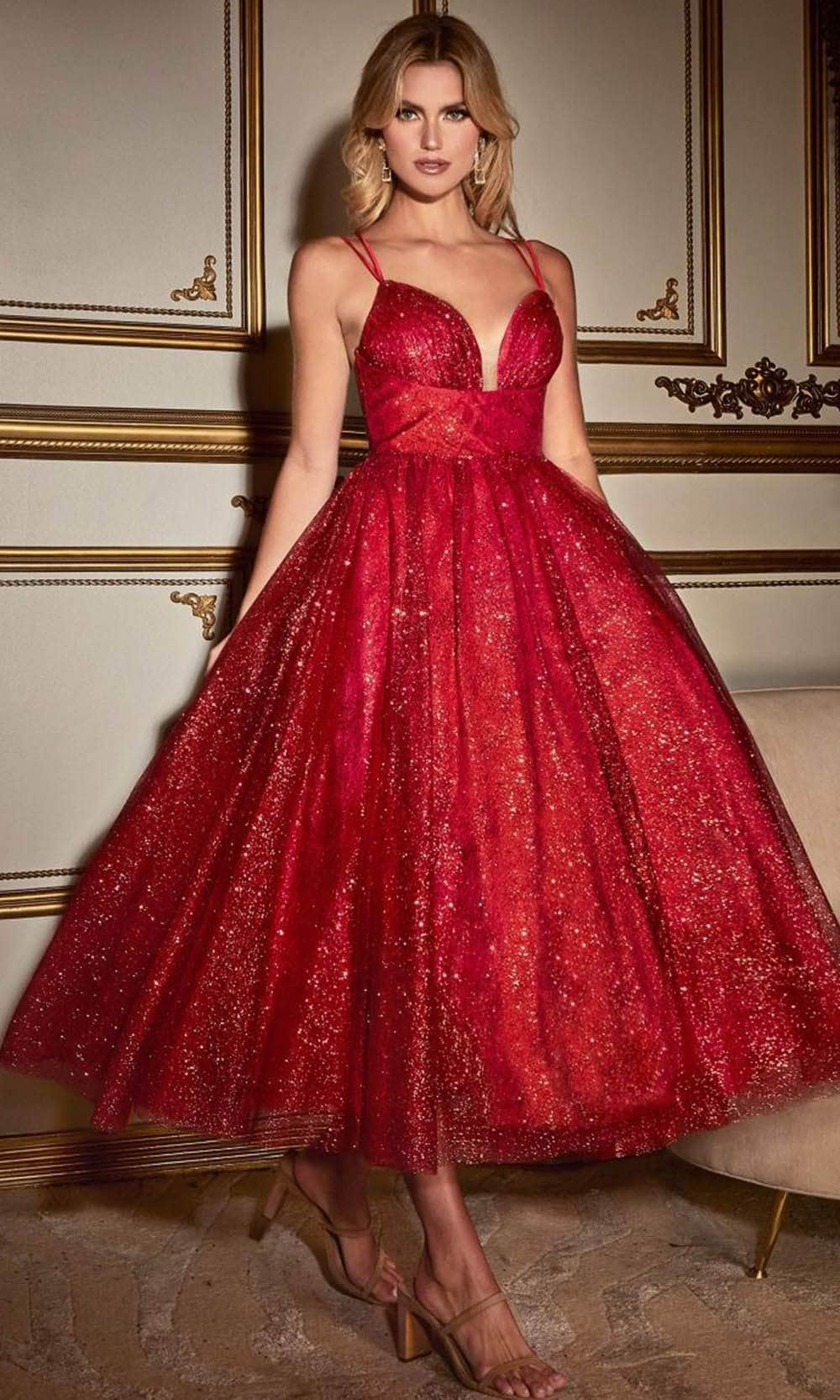 Cinderella Divine CD996T - Sleeveless Glitter Flocked Dress Special Occasion Dress 2 / Red