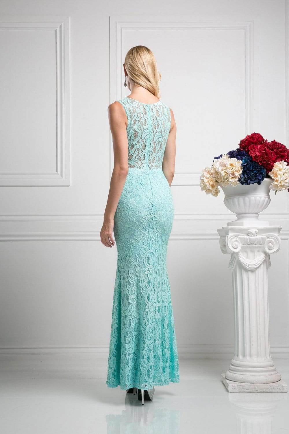 Cinderella Divine - CF067L Floral Lace Mock Two-Piece Sheath Long Formal Dress Special Occasion Dress