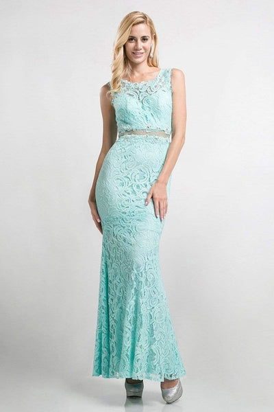 Cinderella Divine - CF067L Floral Lace Mock Two-Piece Sheath Long Formal Dress Special Occasion Dress XS / Mint