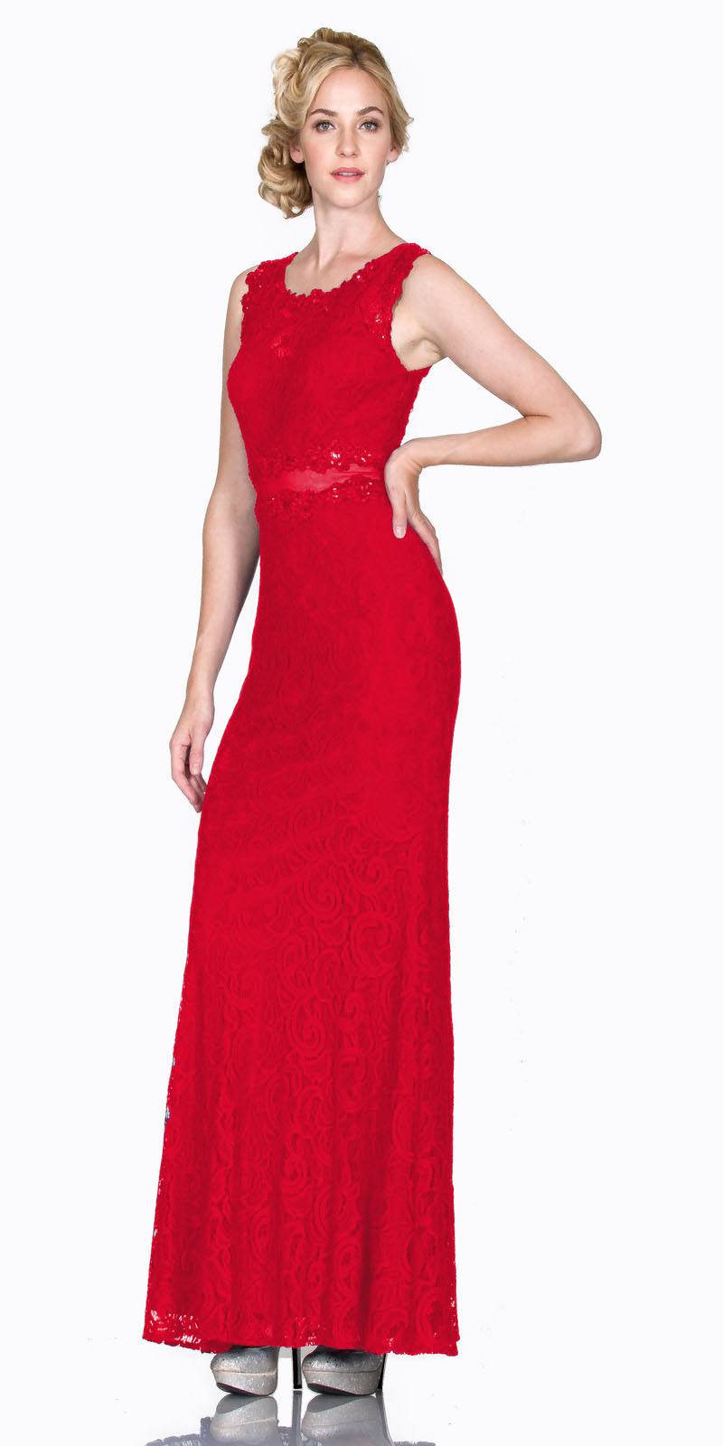 Cinderella Divine - CF067L Floral Lace Mock Two-Piece Sheath Long Formal Dress Special Occasion Dress XS / Red