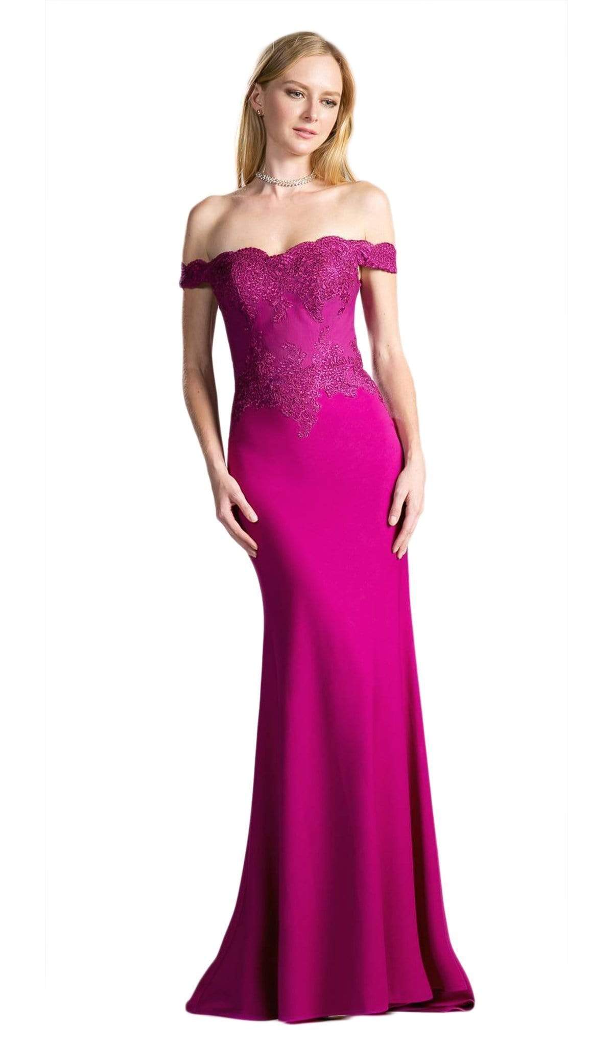 Ladivine - CF158 Stretch Crepe Satin Off Shoulder Gown Evening Dresses XS / Magenta