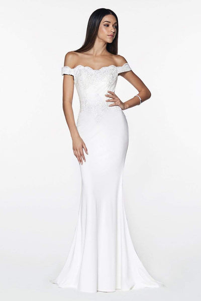 Cinderella Divine - CF158 Stretch Crepe Satin Off Shoulder Gown Evening Dresses XS / Off White