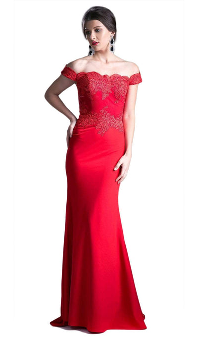 Ladivine - CF158 Stretch Crepe Satin Off Shoulder Gown Evening Dresses XS / Red