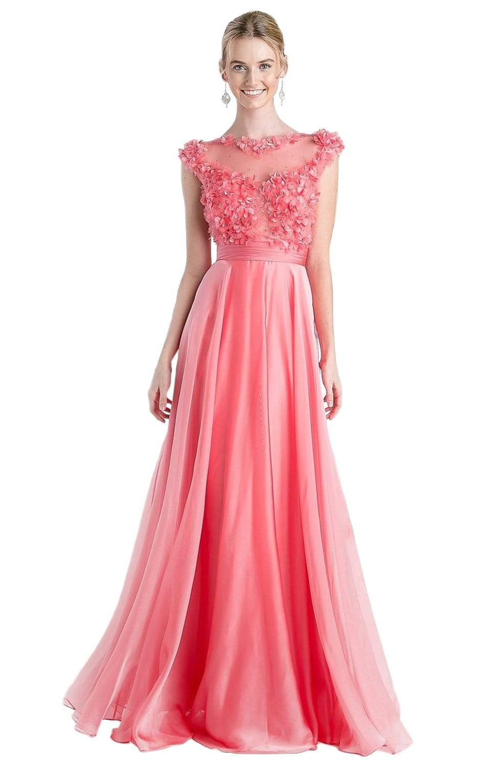 Cinderella Divine - CJ218 Applique Bateau Chiffon A-line Dress Bridesmaid Dresses 2 / Coral