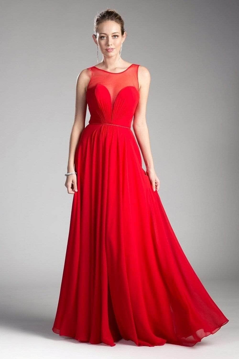 Cinderella Divine - CJ251 Illusion Neckline A-Line Chiffon Dress Evening Dresses 2 / Red