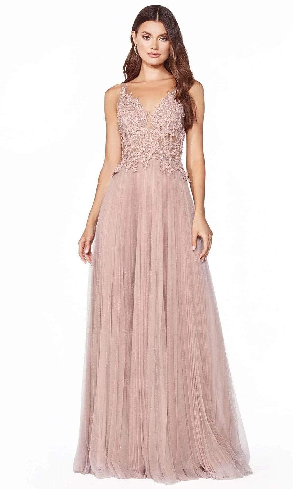 Cinderella Divine - CJ536 Lace Appliqued A-Line Evening Dress Evening Dresses
