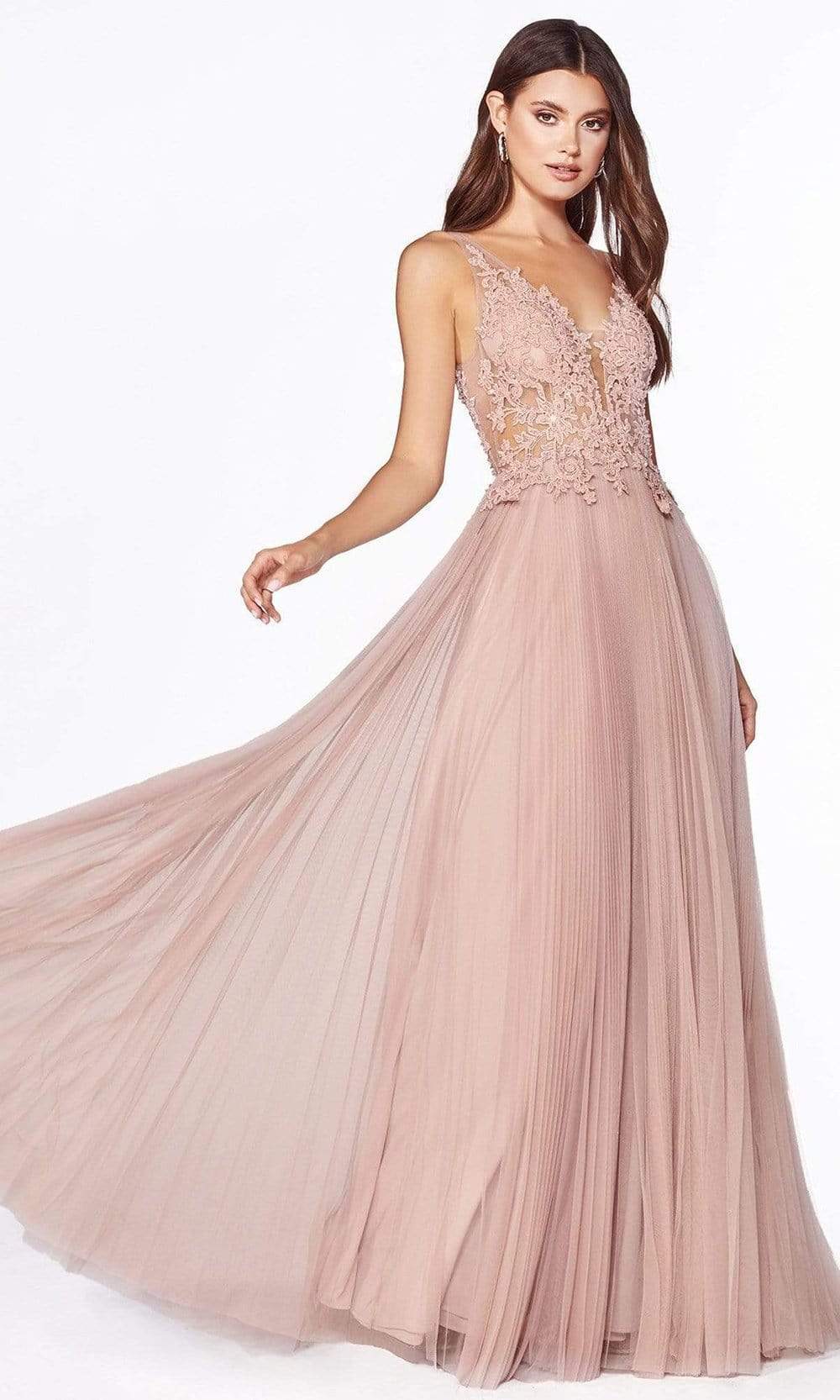Cinderella Divine - CJ536 Lace Appliqued A-Line Evening Dress Evening Dresses