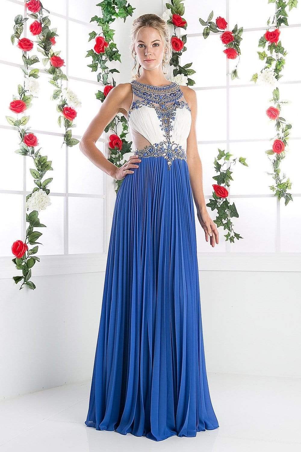 Cinderella Divine - CR742 Jewel-Ornate Pleated A-Line Gown Evening Dresses 2 / Royal