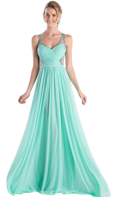 Cinderella Divine - Crisscrossed Ornate Illusion Panel Gown Special Occasion Dress 2 / Mint