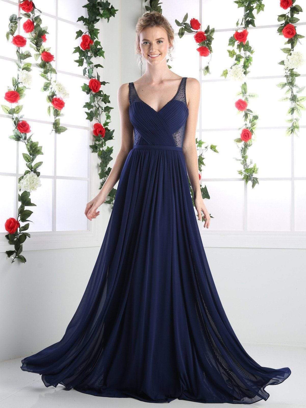 Cinderella Divine - Crisscrossed Ornate Illusion Panel Gown Special Occasion Dress 2 / Navy