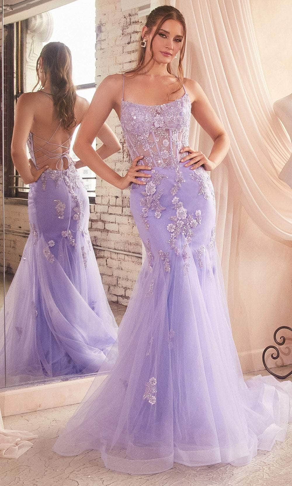 Cinderella Divine D145 - Floral Beaded Trumpet Prom Gown Prom Dresses 2 / Lavender