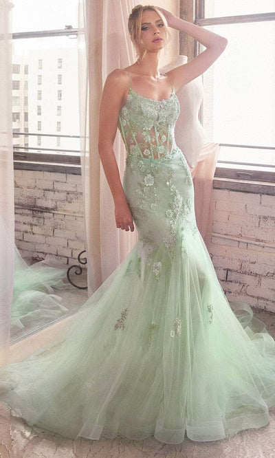 Cinderella Divine D145 - Floral Beaded Trumpet Prom Gown Prom Dresses 2 / Sage