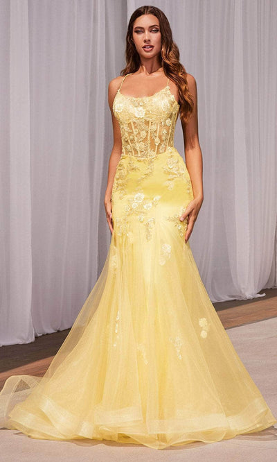 Cinderella Divine D145 - Floral Beaded Trumpet Prom Gown Prom Dresses 2 / Yellow