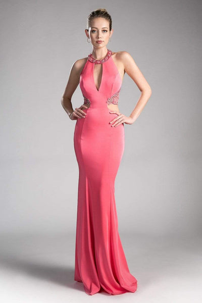 Cinderella Divine - Embellished High Halter Fitted Evening Gown Special Occasion Dress 2 / Coral