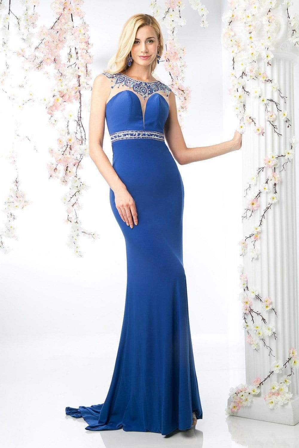 Cinderella Divine - Embellished Illusion Bateau Neck Sheath Dress Special Occasion Dress 2 / Royal