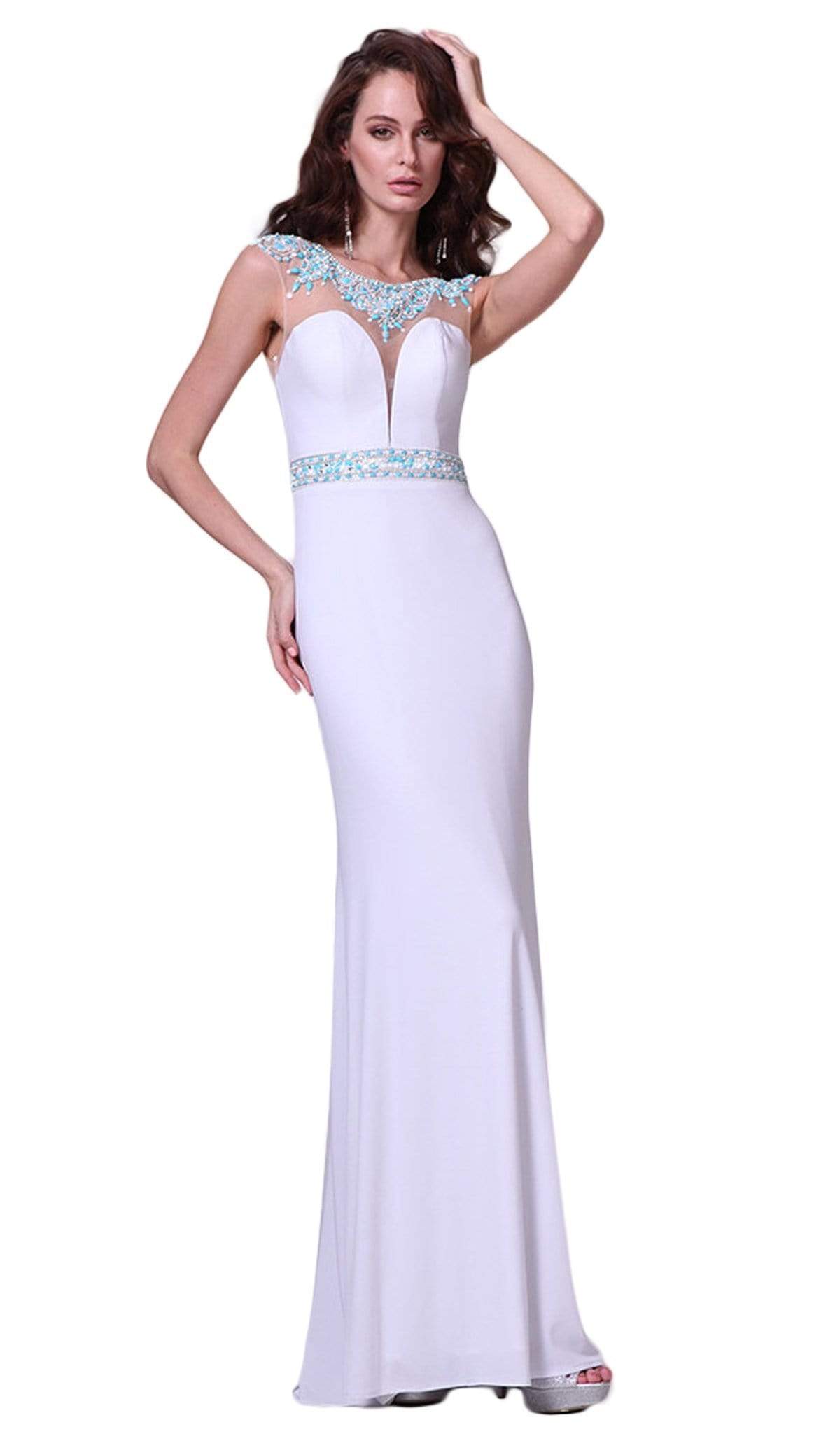 Cinderella Divine - Embellished Illusion Bateau Neck Sheath Dress Special Occasion Dress 2 / White