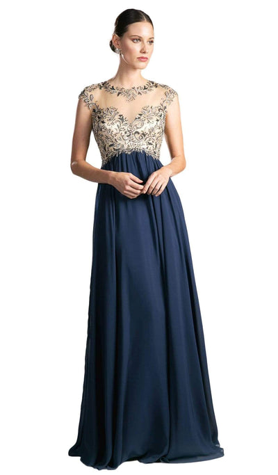 Cinderella Divine - Embellished Illusion Jewel Neck A-line Dress Special Occasion Dress 2 / Navy