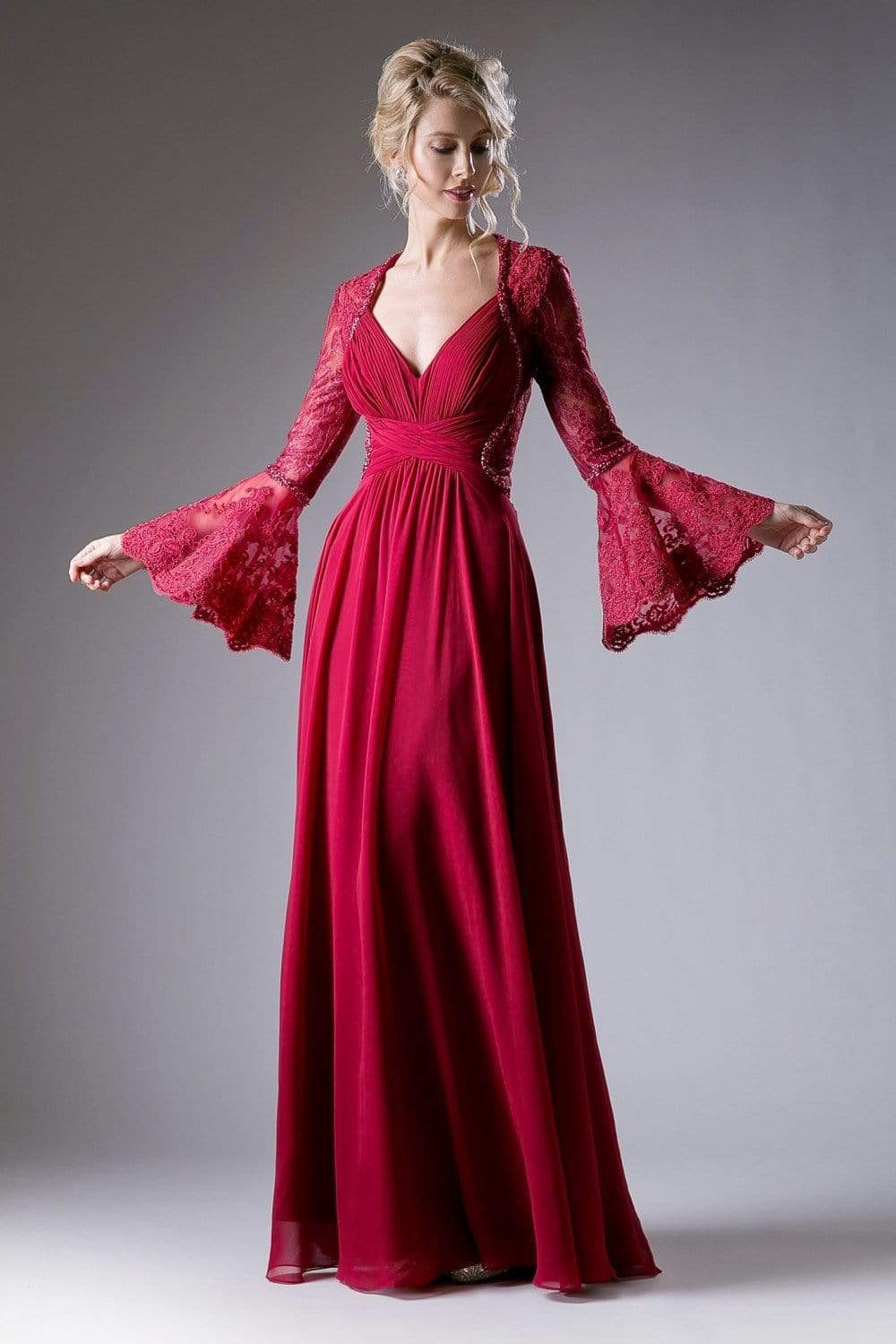 Cinderella Divine - Embellished Lace Long Bell Sleeve A-line Dress Special Occasion Dress 2 / Burgundy
