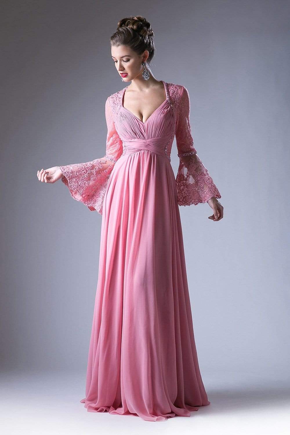 Cinderella Divine - Embellished Lace Long Bell Sleeve A-line Dress Special Occasion Dress 2 / Dusty Rose