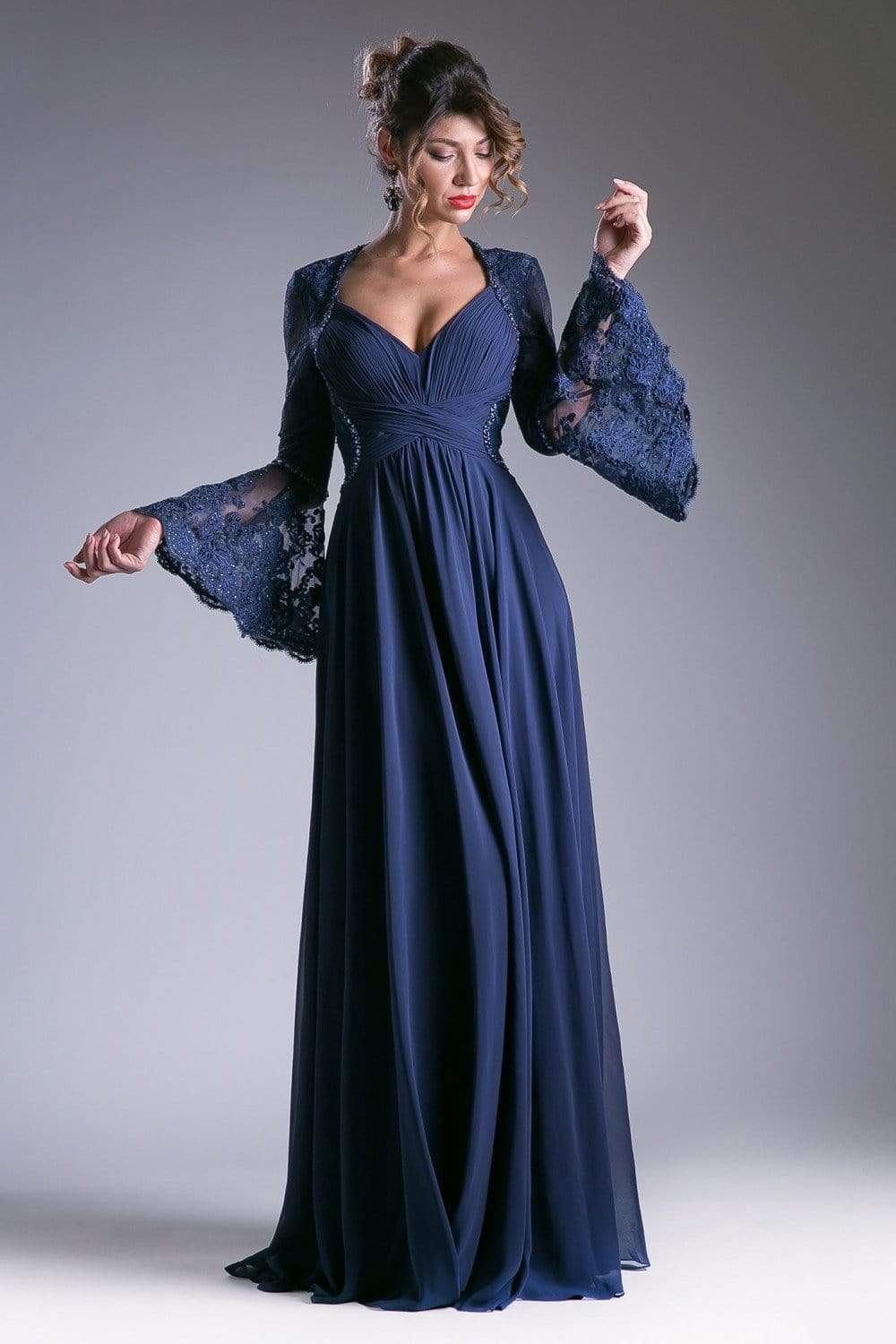Cinderella Divine - Embellished Lace Long Bell Sleeve A-line Dress Special Occasion Dress 2 / Navy
