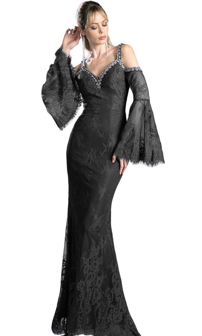 Cinderella Divine - Embellished Lace Long Bell Sleeve Sheath Dress Special Occasion Dress 2 / Black