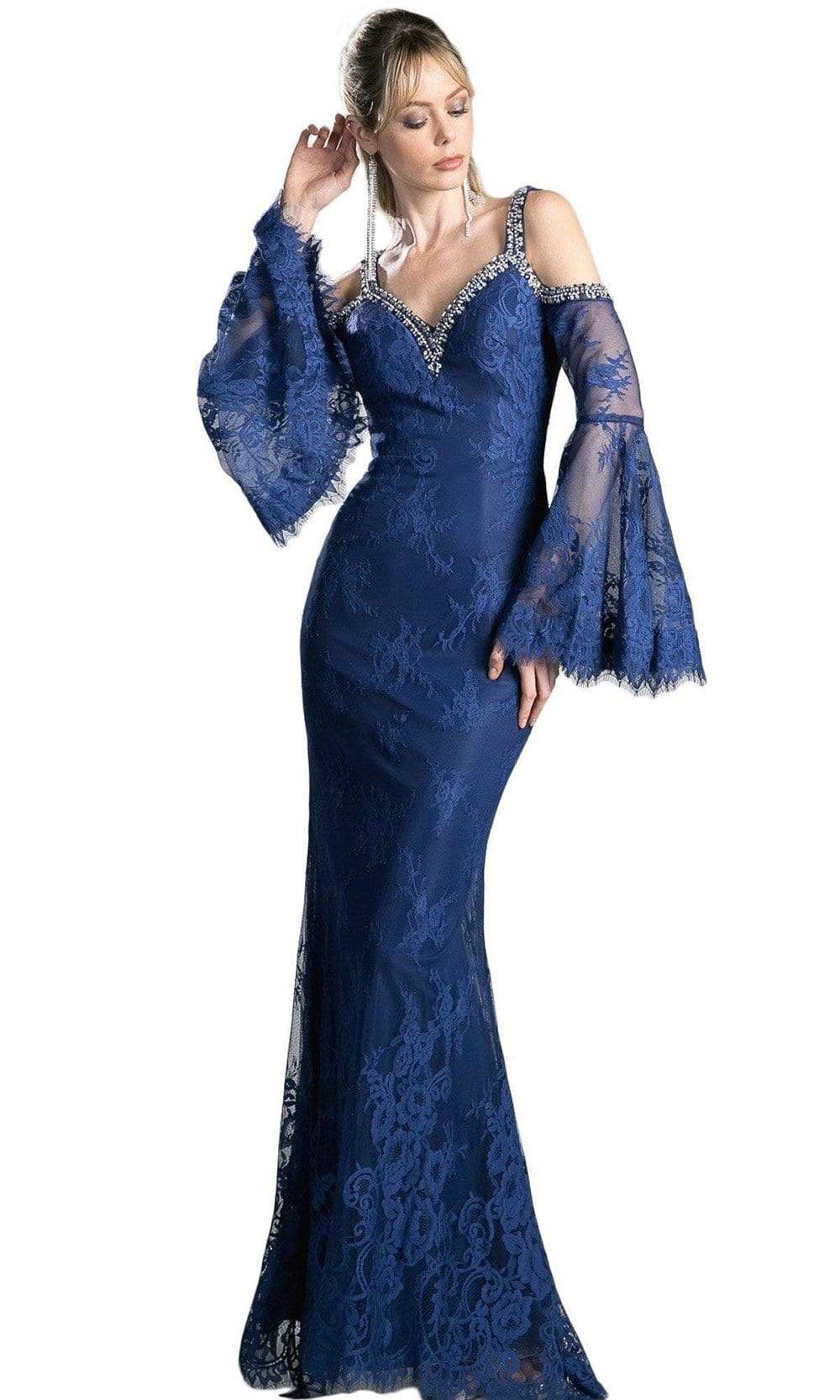 Cinderella Divine - Embellished Lace Long Bell Sleeve Sheath Dress Special Occasion Dress 2 / Navy