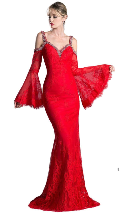 Cinderella Divine - Embellished Lace Long Bell Sleeve Sheath Dress Special Occasion Dress 2 / Red