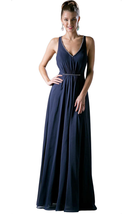 Cinderella Divine - Embellished Ruched V-neck A-line Dress Special Occasion Dress XS / Navy