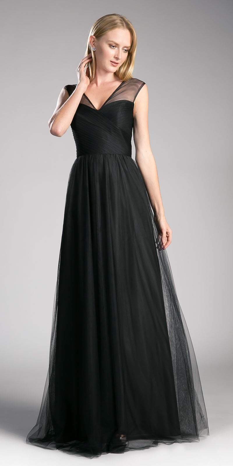 Cinderella Divine - ET320 Sleeveless Pleated Top Tulle A Line Gown Special Occasion Dress 2 / Black