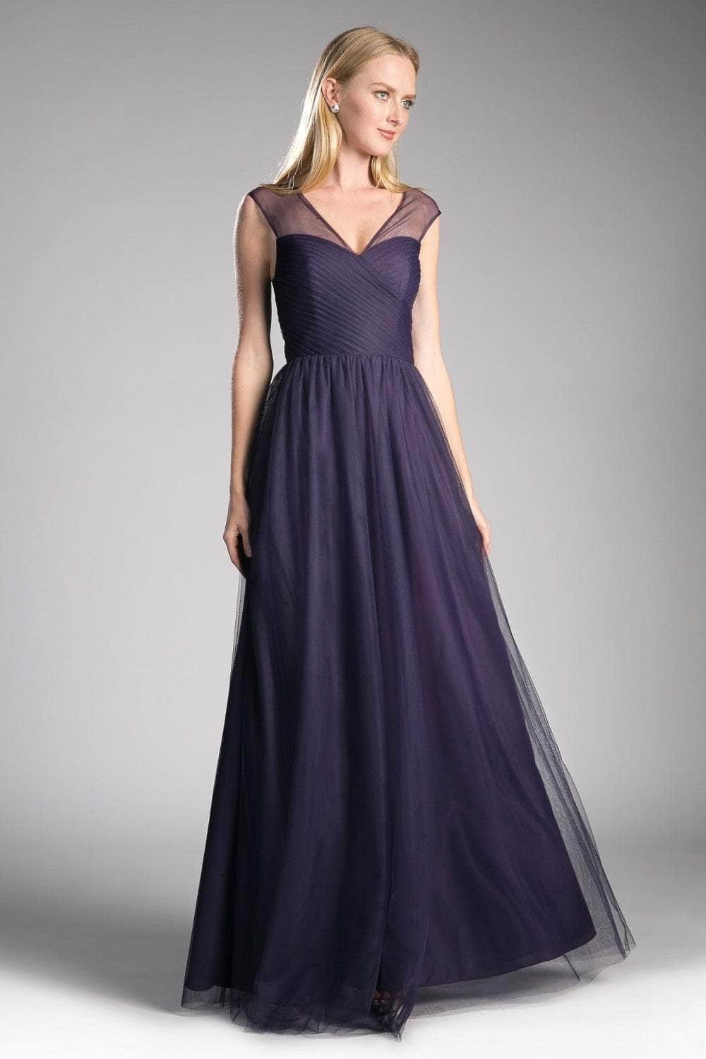 Cinderella Divine - ET320 Sleeveless Pleated Top Tulle A Line Gown Special Occasion Dress 2 / Eggplant