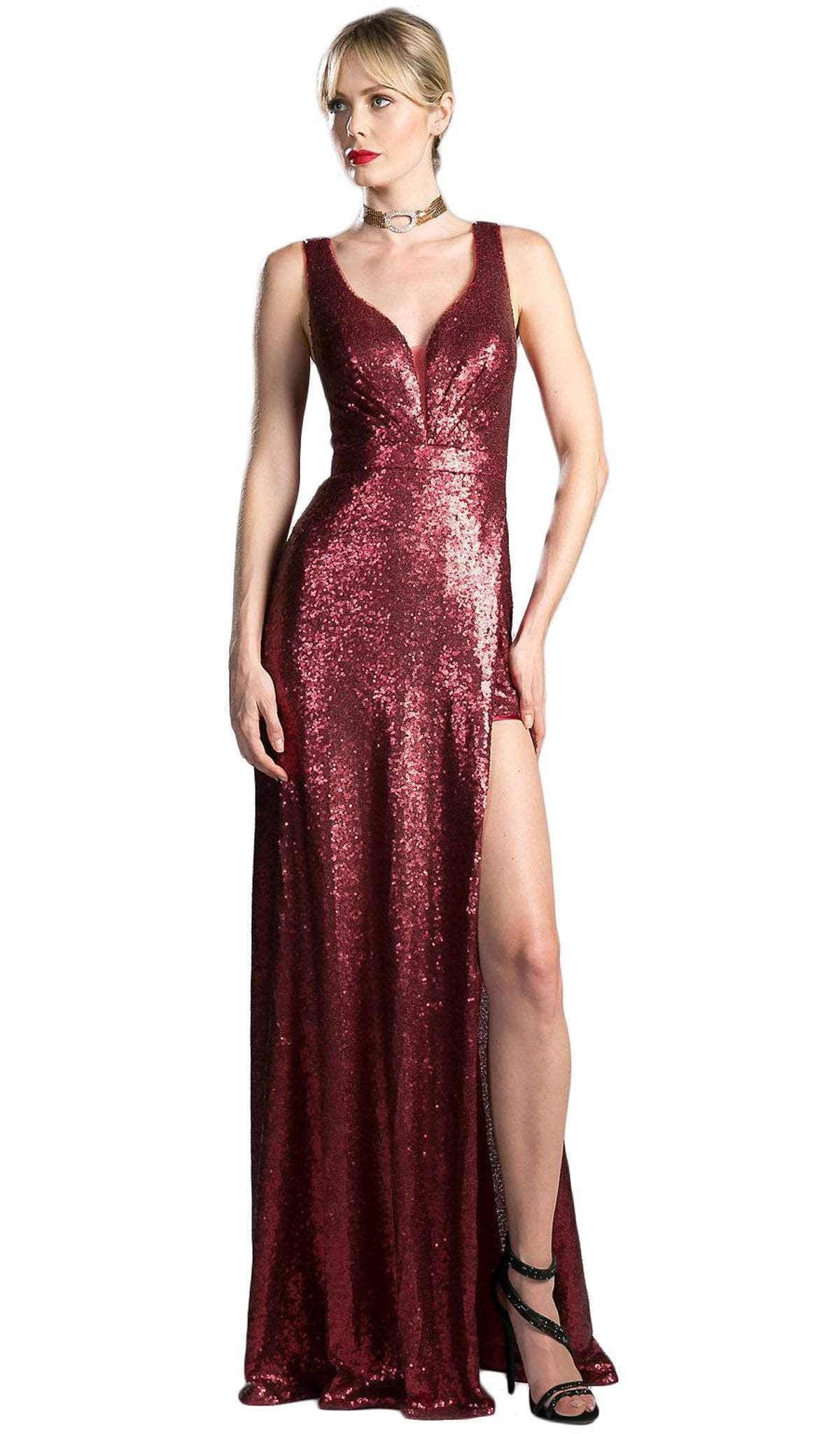 Cinderella Divine - Fitted V Neck Evening Dress with Slit Special Occasion Dress XS / Burgundy