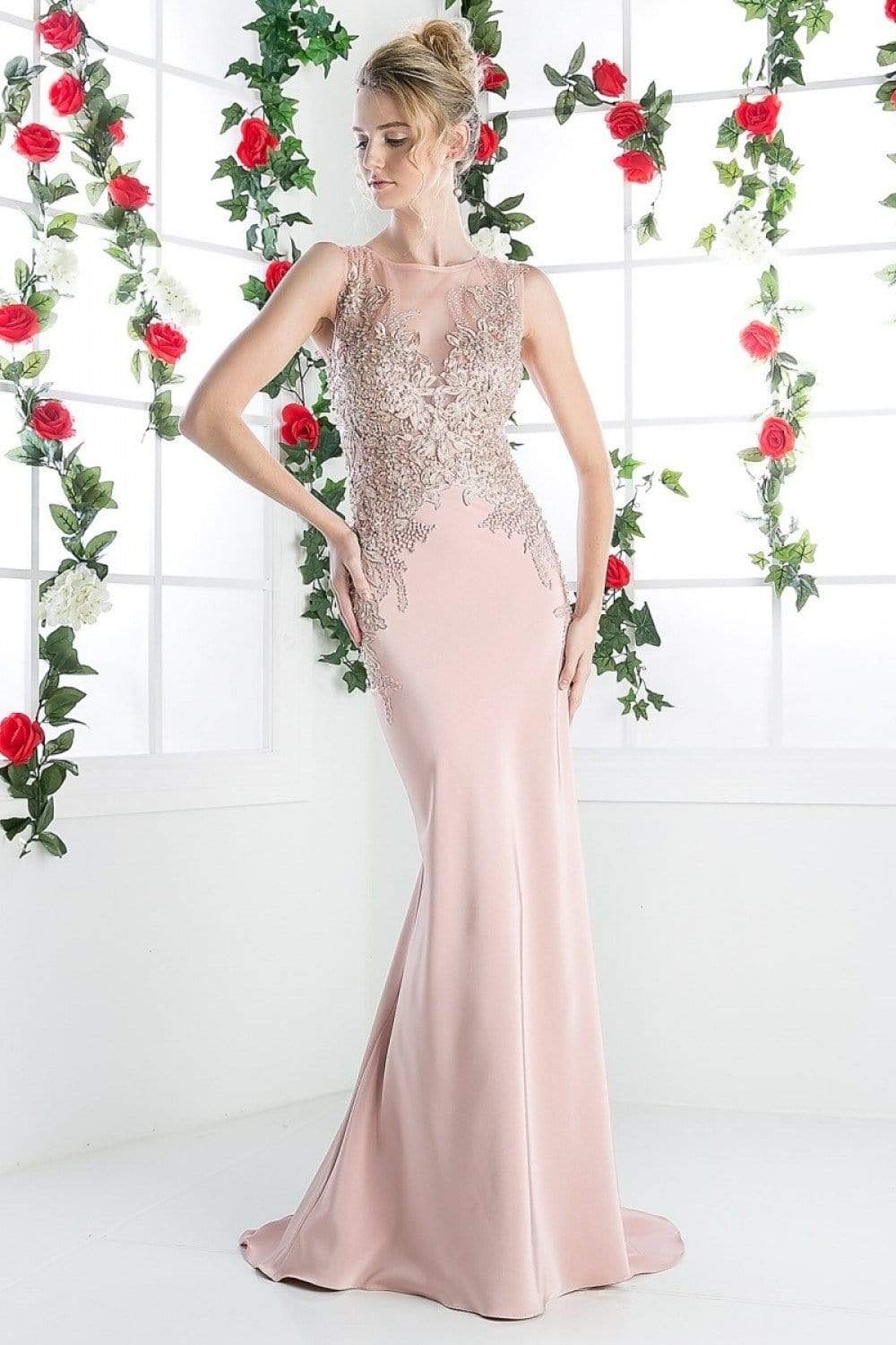 Cinderella Divine - Floral Applique Illusion Bateau Sheath Dress Special Occasion Dress 2 / Dusty Rose