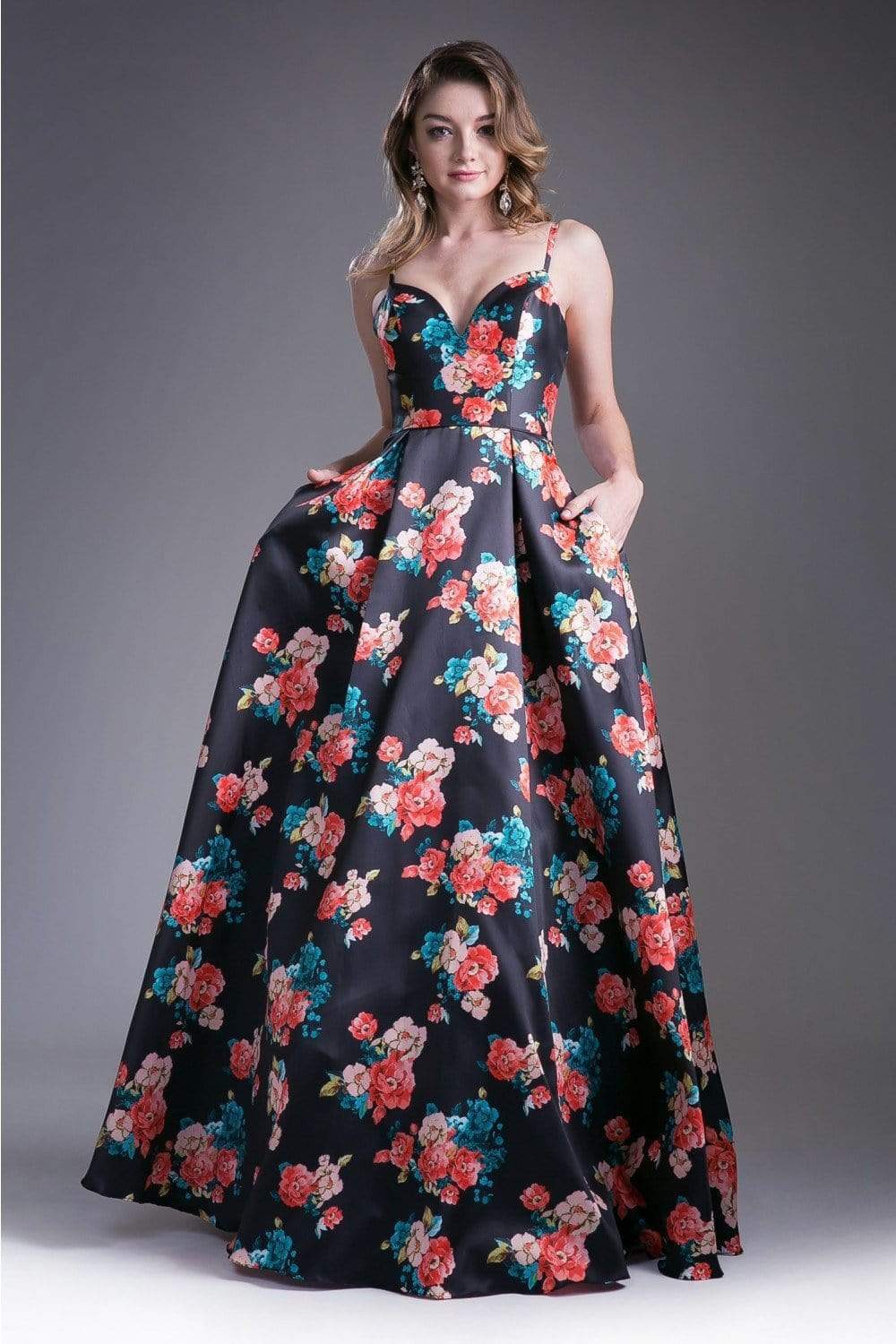 Cinderella Divine - Floral Sweetheart Pleated Evening Gown Special Occasion Dress 2 / Black Print