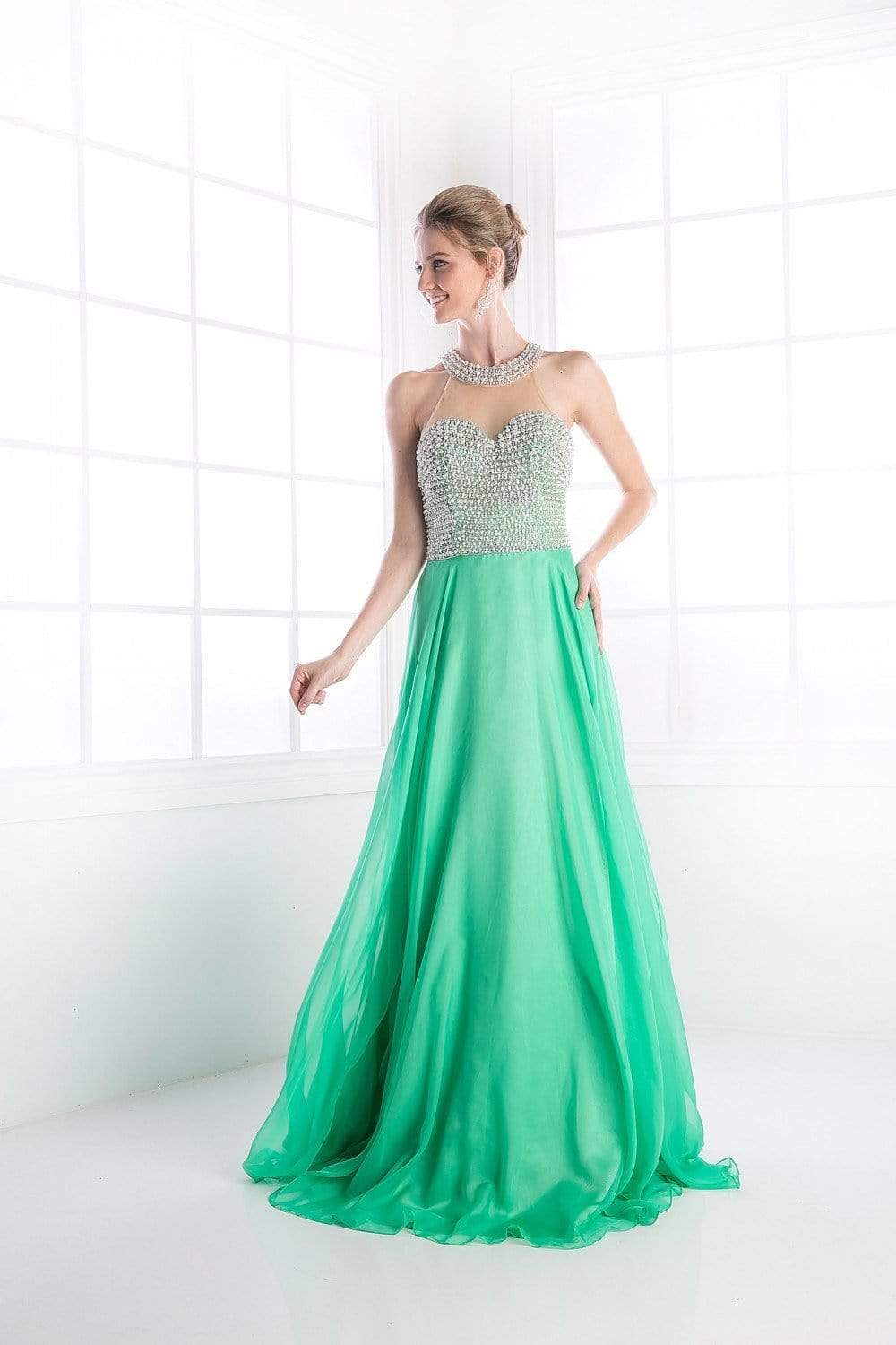 Cinderella Divine - High Halter Pearl Adorned Bodice Chiffon Gown Special Occasion Dress 2 / Green