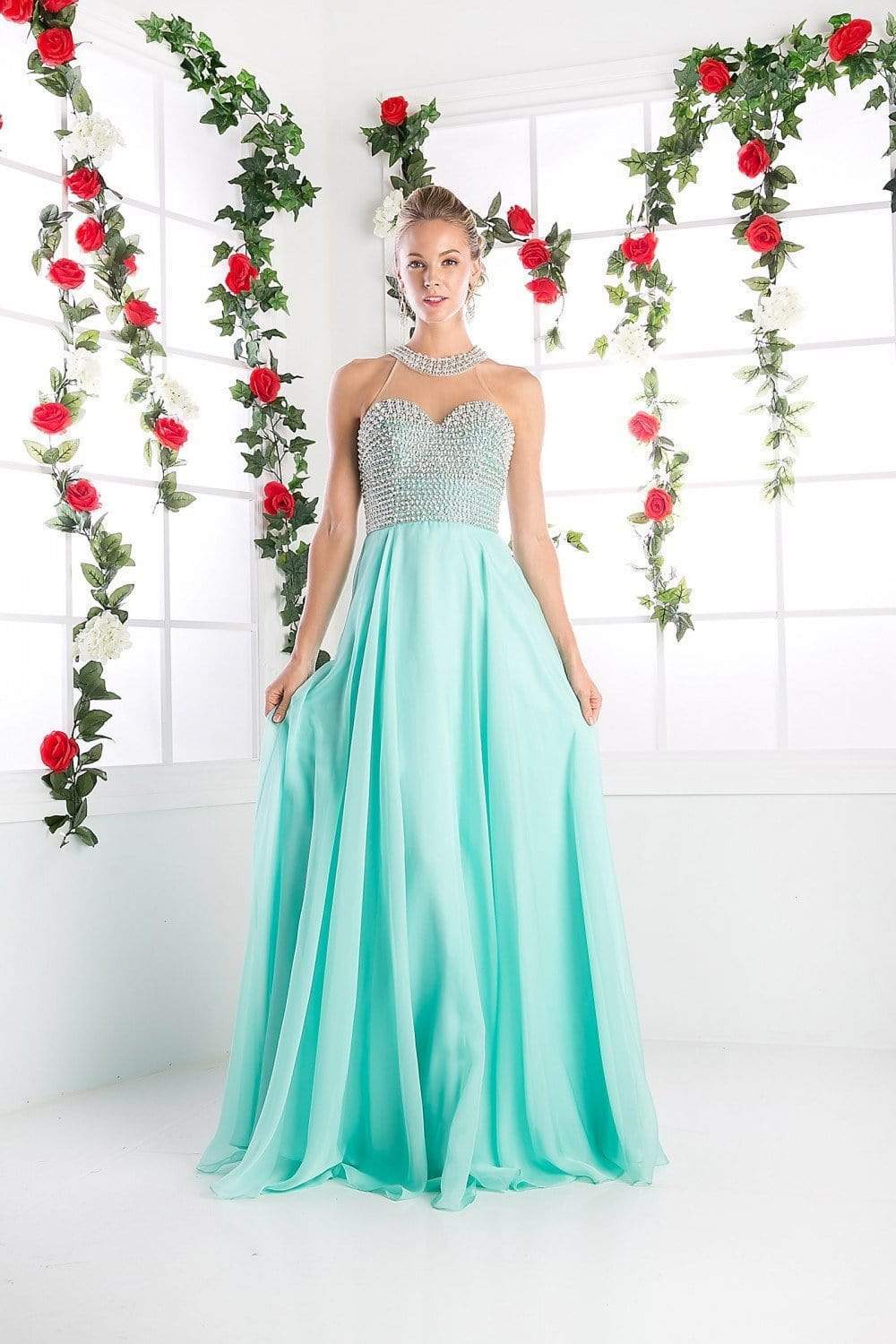 Cinderella Divine - High Halter Pearl Adorned Bodice Chiffon Gown Special Occasion Dress 2 / Mint