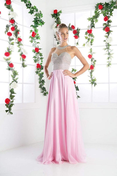 Cinderella Divine - High Halter Pearl Adorned Bodice Chiffon Gown Special Occasion Dress 2 / Pink