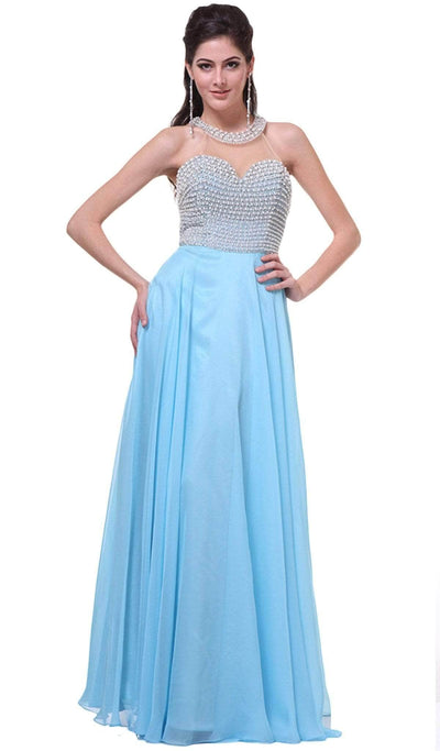 Cinderella Divine - High Halter Pearl Adorned Bodice Chiffon Gown Special Occasion Dress 2 / Sky Blue