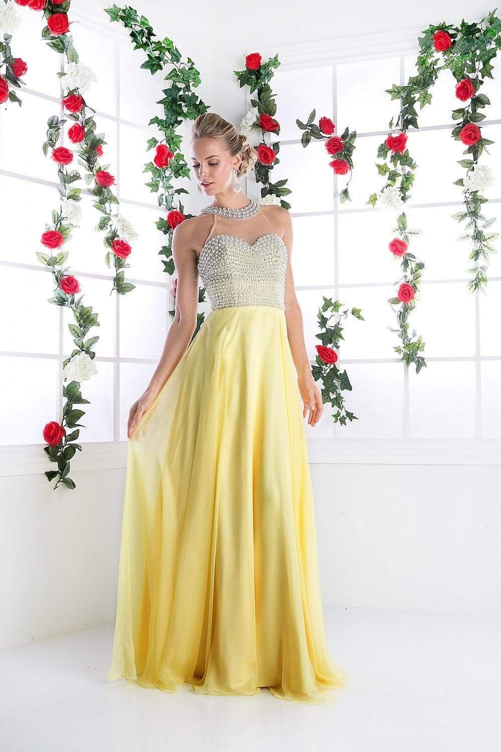 Cinderella Divine - High Halter Pearl Adorned Bodice Chiffon Gown Special Occasion Dress 2 / Yellow