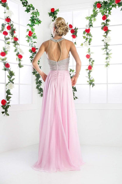 Cinderella Divine - High Halter Pearl Adorned Bodice Chiffon Gown Special Occasion Dress