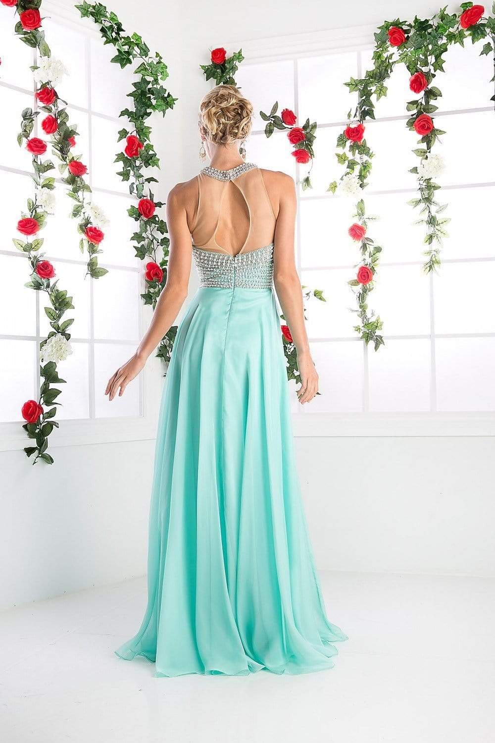 Cinderella Divine - High Halter Pearl Adorned Bodice Chiffon Gown Special Occasion Dress