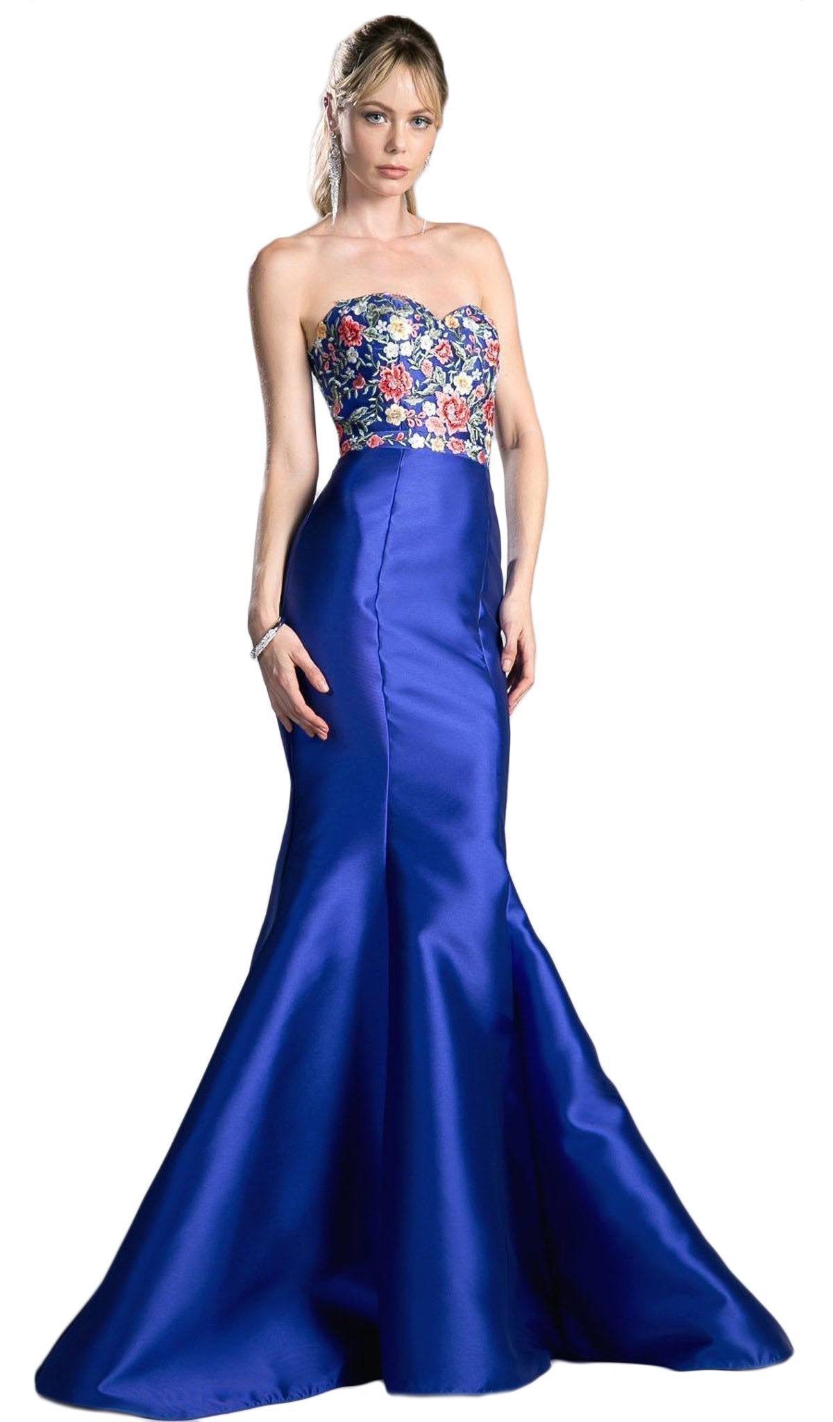 Ladivine - HW06 Floral Embellished Strapless Mermaid Evening Gown Special Occasion Dress XS / Royal