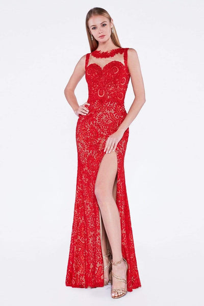 Cinderella Divine - Illusion Jewel Neck Lace Evening Gown with Slit Special Occasion Dress 2 / Red