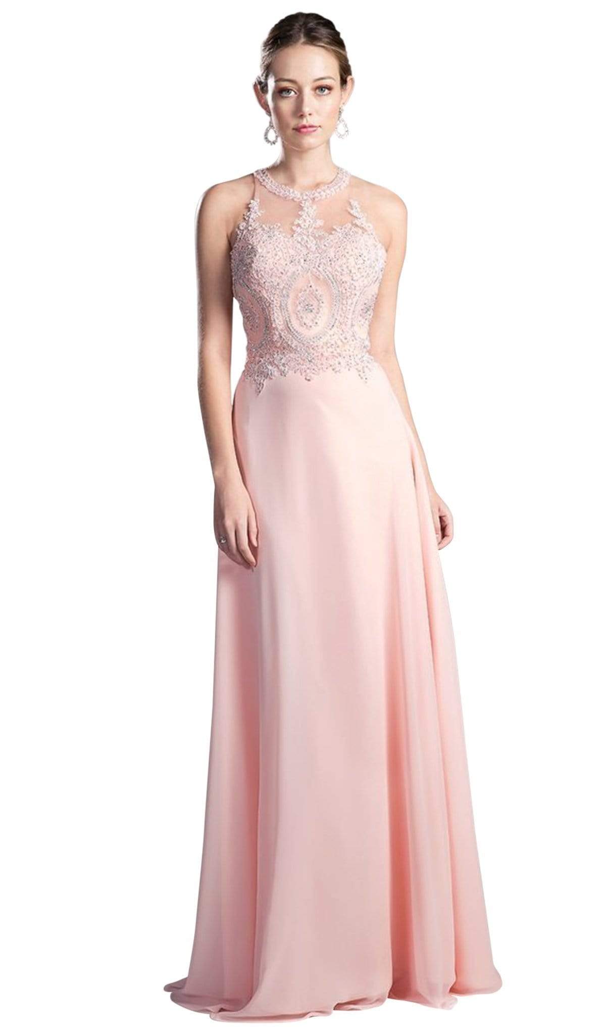 Cinderella Divine - Illusion Jewel Tonal Appliqued Long Evening Gown Prom Dresses XXS / Blush